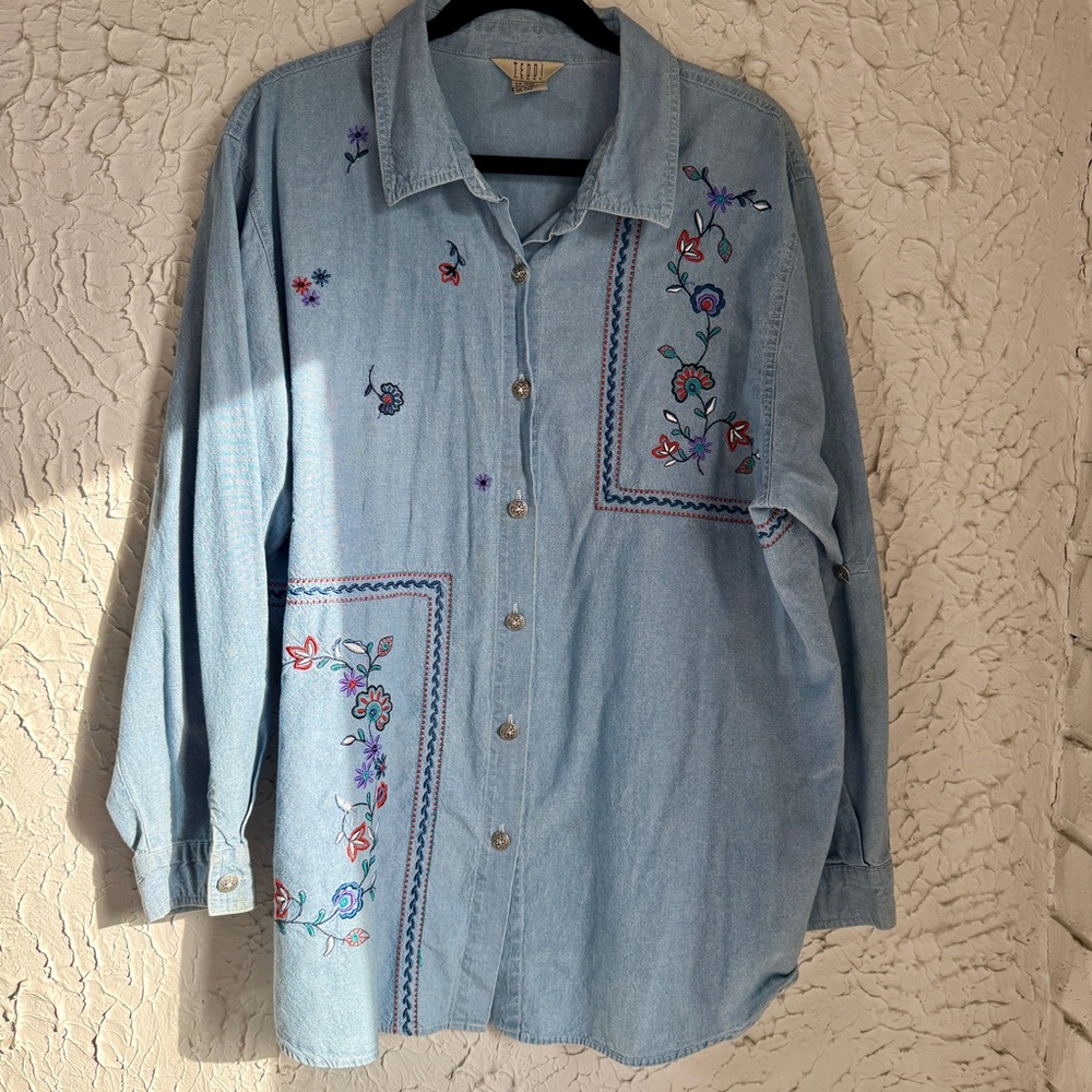 Teddi Light Blue Denim Button-Down Shirt with Floral Embroidery